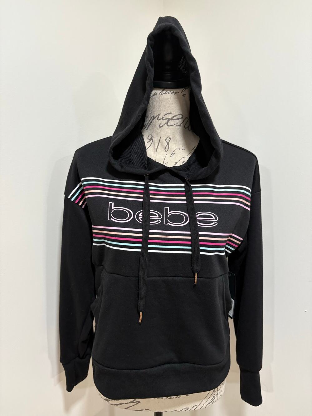 NWT Bebe Black Front Pink Striped Hoodie Size Small